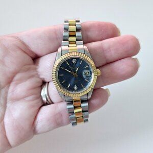 Elgin Quartz Watch | Blue Dial | Two-Tone | Fluted Bezel